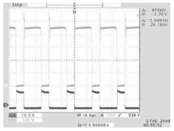 圖5 220V 輸入下一次側(cè)開關(guān)管電壓波形和門極驅(qū)動波形