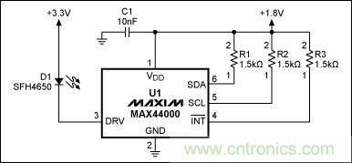 圖1：MAX44000典型電路，包括LED