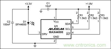 圖2：MAX44000典型電路，帶有發(fā)射器旁路