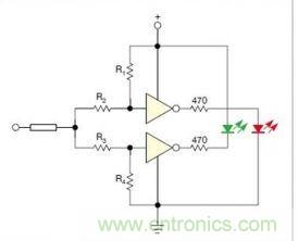 在雙門(mén)構(gòu)成的CMOS/TTL兼容探頭中，R1至R4電阻網(wǎng)絡(luò)對(duì)反相器輸入端做偏置