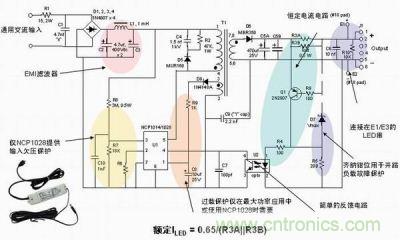 安森美半導(dǎo)體離線式第二代LED驅(qū)動器NCP1014/1028的應(yīng)用示意圖。