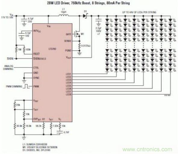 采用 LT3760、效率為 90% 的 28W LED 背光照明電路