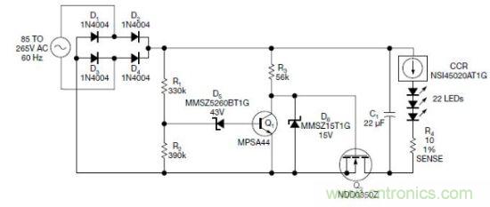 圖1：電路以恒流驅(qū)動(dòng)一串LED，可用于全世界的各種交流電壓
