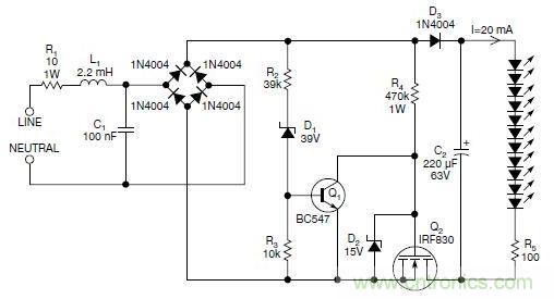 圖2：斬波工作類似圖1中的電路，但以較大的LED串聯(lián)電阻代替了恒流源，提供限流功能