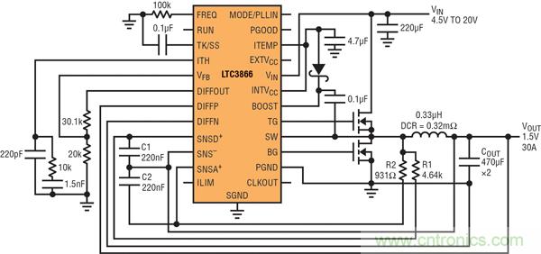 圖2：以非常低的DCR完成采樣的高效率、1.5V/30A降壓型轉(zhuǎn)換器