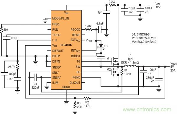 圖9：高效率電源，12V輸入至5V/25A輸出