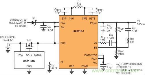 圖7：LTC3115-1與LTC4412HV相結(jié)合，以獲得由單節(jié)鋰離子電池和未穩(wěn)壓交流適配器提供的雙輸入5V電源