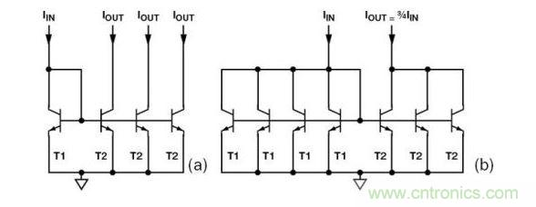 （a） 多級電流鏡 （b） 非整數(shù)比例電流鏡可將3個T2集電極結(jié)合起來，得到3IIN