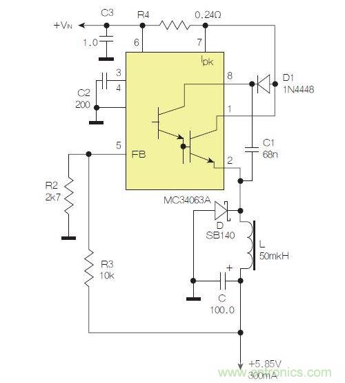 采用降壓配置中廣為使用的MC33063/MC34063的一個(gè)示例。
