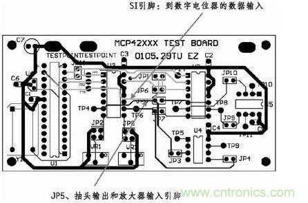 這是對圖2所示電路的第一次布線嘗試。此配置在模擬線路上產(chǎn)生不規(guī)律的噪聲，這是因?yàn)樵谔囟〝?shù)字走線上的數(shù)據(jù)輸入碼隨著數(shù)字電位器的編程需求而改變。