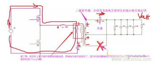上管開(kāi)通，注意諧振電感、勵(lì)磁電感、諧振電容的正負(fù)