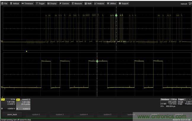 使用CustomDSO運(yùn)行VB腳本“zoom_Track.lss”。當(dāng)腳本運(yùn)行時，縮放波形的中心將跟蹤水平的光標(biāo)絕對位置。從圖中可以看出，光標(biāo)將永遠(yuǎn)位于縮放波形Z1的中心