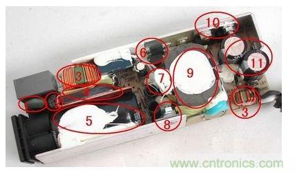 電源適配器的構(gòu)造  6 1. 壓敏電阻，其功能是當(dāng)外界電壓過高時(shí)，壓敏電阻阻值迅速變得很小，與壓敏電阻串聯(lián)的保險(xiǎn)絲被熔斷，從而保護(hù)其他電路不被燒壞。  2. 保險(xiǎn)絲，規(guī)格為2.5A/250V，當(dāng)電路中的電流過大時(shí)，保險(xiǎn)絲會(huì)熔斷以保護(hù)其他元件。  3. 電感線圈(又稱扼流圈)，主要功能是降低電磁干擾。  4. 整流橋，規(guī)格為D3SB，作用是把220V交流電變?yōu)橹绷麟姟? 5. 濾波電容，規(guī)格為180μF/400V，作用是濾除直流電中的交流紋波，使電路工作更可靠。  6. 運(yùn)放IC(集成電路)，保護(hù)電路、電壓調(diào)節(jié)的重要組成部分。  7. 溫度探頭，用于探測電源適配器的內(nèi)部溫度，當(dāng)溫度高于某一設(shè)定值時(shí)(不同品牌的電源適配器，其設(shè)定的溫度閥值略有不同)，保護(hù)電路會(huì)切斷適配器的電壓輸出，從而保護(hù)適配器不受損壞。   8. 大功率開關(guān)管，是開關(guān)電源中的核心元件之一，開關(guān)電源能“一開一關(guān)”地工作，開關(guān)管功不可沒。   9. 開關(guān)變壓器，開關(guān)電源中的核心元件之一。   10. 次級(jí)整流管，功能是把低壓交流電變?yōu)榈蛪褐绷麟?。在IBM的電源適配器中，整流管往往是由兩個(gè)大功率并聯(lián)工作的，以獲得較大的電流輸出。   11. 次級(jí)濾波電容，規(guī)格為820μF/ 25V，共有兩個(gè)，起濾除低壓直流電中的紋波的作用。  除上述元件外，電路板上還有可調(diào)電位器及其他阻容元件。