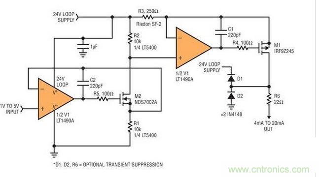 圖1:精確匹配的電阻器提供準(zhǔn)確的電壓至電流轉(zhuǎn)換